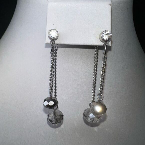 Silver and Crystal Beaded Front and Back Double Dangle Earrings - Picture 2 of 6